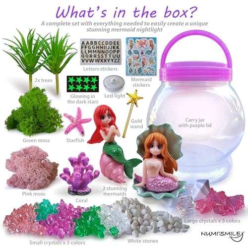 Make Your Own Light-Up Mermaid Terrarium Kit for Kids, Mermaid Gifts for Girls Ages 4 5 6 7 8 9 10 Years and up, DIY Mini Garden Nightlight Project, NUMI'SMILE