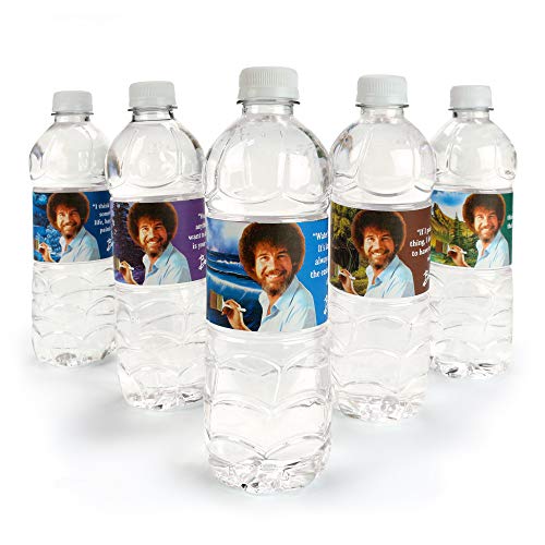 Bob Ross Water Bottle Labels (Set of 16) Unique Quotes & Paintings, Birthday Party Supplies, Waterproof Bottle Wraps Prime Party