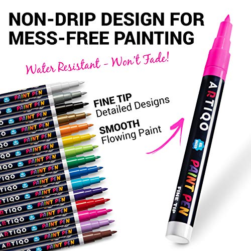 Fine Tip Paint pens for Rock Painting - Wood, Glass, Metal and Ceramic Works on Almost All Surfaces Set of 15 Vibrant oil based fine point paint ARTIQO