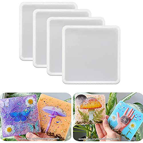ResinWorld 4 Pack 4 inches Square Coaster Molds, Shiny Coaster Silicone Mold for Resin, Geode Aagte Coaster Resin Molds ResinWorld