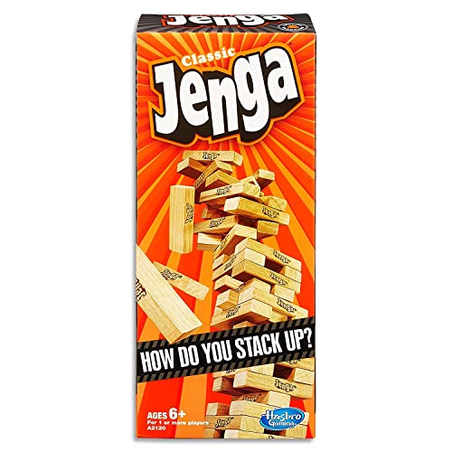 Jenga Classic Game with Genuine Hardwood Blocks, Stacking Tower Game for 1 or More Players, Kids Ages 6 and Up Jenga
