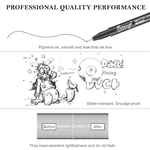 Bianyo Black Micro Pen Set - 12 Assorted Sizes Fine Line Drawing, Upgraded Pigment Ink, Bonus Pouch Bag, Water-Resistant Archival Pens for Artists, Bianyo