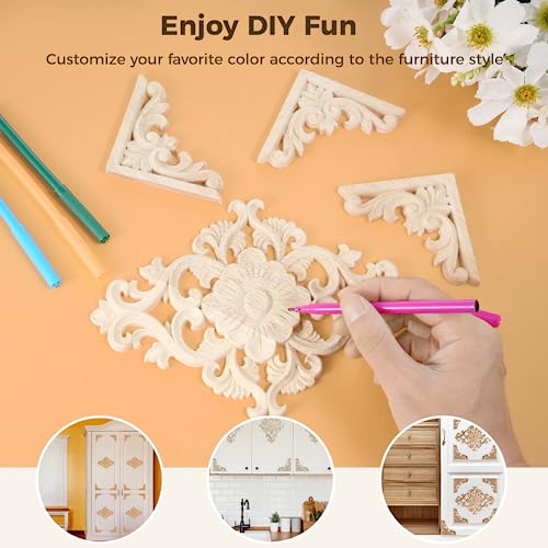 20pcs(4 Pack) Wood Appliques Decorative Carved Onlays, Wooden Carved Appliques DIY Decoration for Wood Furniture, Wood Carving Decals for Wall CDOKY