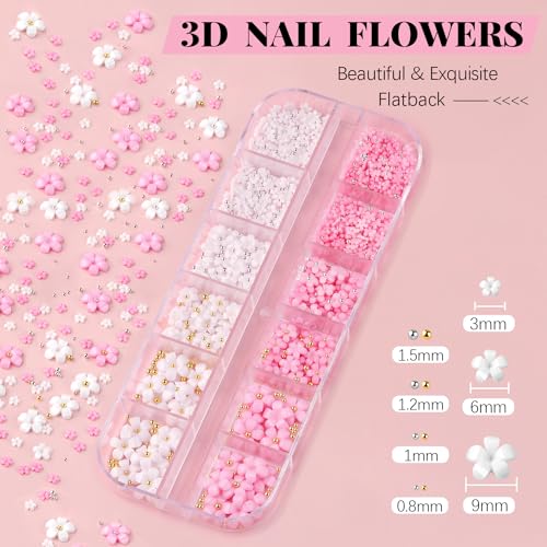 3D Nail Charms, Manicure Kit with Nail Rhinestone Glue Gel (UV Curing), Butterfly White Pink Flower Starry AB Gems Caviar Beads Half Round Pearl & BELLEBOOST