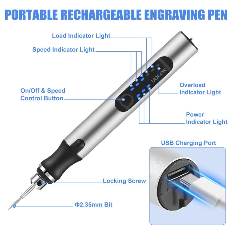 Uolor USB Rechargable Engraving Pen with 42 Bits, Mini Electric DIY Engraver Cordless Rotary Tools Portable Engraving Tool for Jewelry Wood Metal Uolor