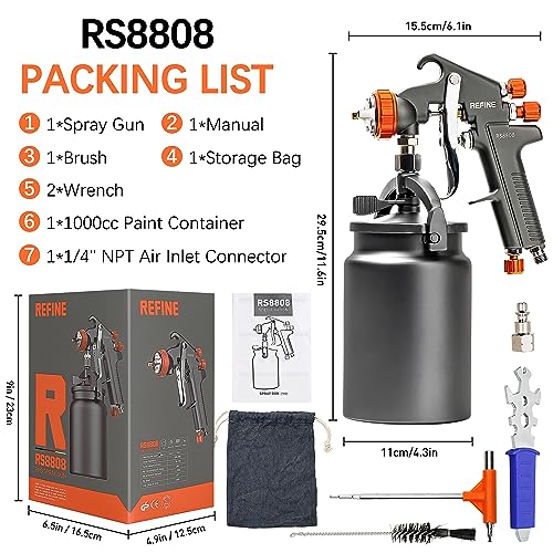 REFINE Spray Gun, Siphon Air Spray Gun, 1.8mm Nozzle, 1000CC Aluminum Cup, Special Process, Easy to Clean, Paint Gun, Automotive Paint Spray Gun, REFINE