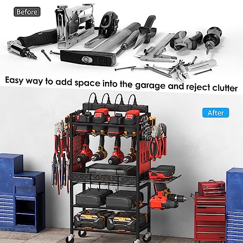 CCCEI Power Tool Organizer Cart with Charging Station, Garage Floor Rolling Storage Cart on Wheels for Mechanic, Mobile 6 Drill, Tool Box Utility CCCEI
