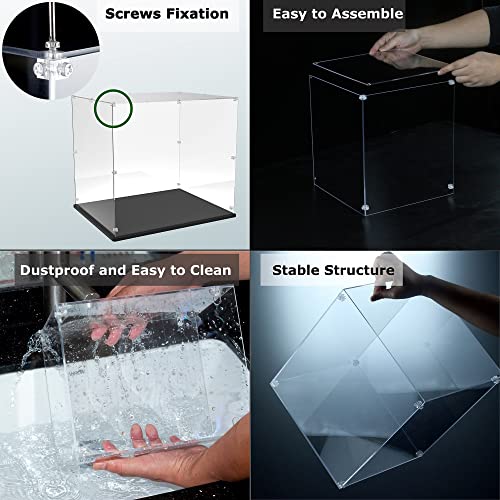 Gemutlich Acrylic Display Case 10 Inch Cube - 3mm Thick Acrylic Display Box with Black Wooden Base, Assemble Dustproof Showcase Clear Display Case Gemutlich