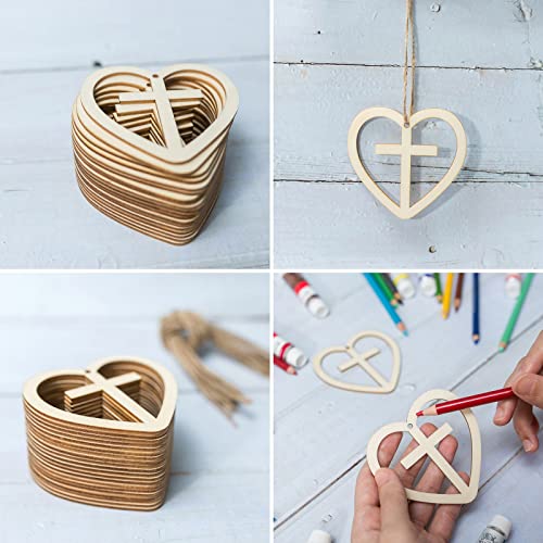 Heart Shape Wooden Cross Wooden Blank Wood with Twines Art Unfinished Ornaments for Christmas Wedding Birthday Party Valentine's Day Decoration 20Pcs Zontween