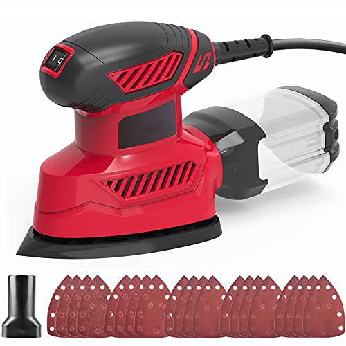 Detail Sander, 130W Compact Electric Sander, 14000 RPM, with 20PCS Sandpaper Mouse Sander, Hand Sanders with Multi-Function efficient Dust Box Vistreck
