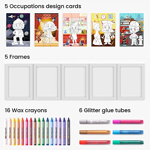 Arteza Kids Coloring Puzzle Kit, 5 Careers Jigsaw Puzzles, 16 Crayons, 6 Tubes of Glitter Glue, 5 Frames, DIY and Screen-Free Kids’ Activities, Craft Arteza Kids