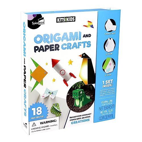 SpiceBox 3D Japanese Origami Paper Kit for Kids Easy Arts and Crafts with Instruction Book, Children's Activity Set, 18 Paper Craft Projects SpiceBox