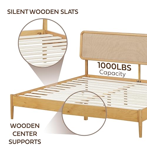 NTC Lupin King Wooden Bed Frame with Headboard - Solid Oak & Rubber Wood, Silent Slats, 1000 Lb Capacity NTC