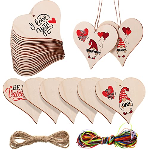 24 Pieces 4 Inch Natural Handmade Blank Wooden Heart Slices with Holes with 2m Natural Rope and 15 Colors 3 mm High Density Polyester Ribbon for Jetec
