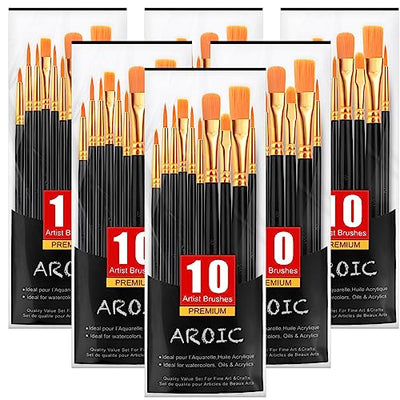 AROIC Acrylic Paint Brushes, 6 Packs / 60 pcs Nylon Hair Paint Brush Set for All Purpose Oil Watercolor Painting Artist Professional Kits (Black)