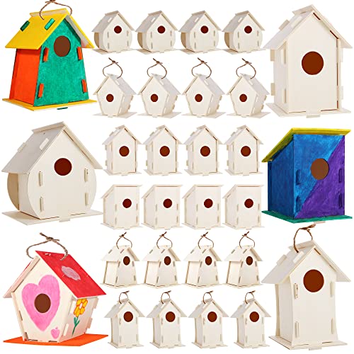 12 Wooden Birdhouses - Crafts for Girls and Boys - Kids Bulk Arts and Crafts Set - 12 DIY Unfinished Wood Bird House Kits, 12 Paint Strips, 12