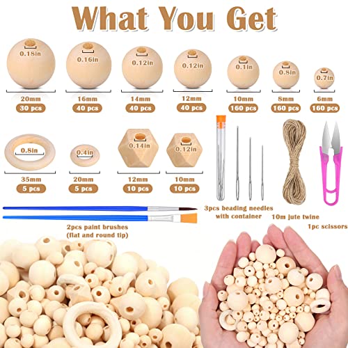 Wooden Beads for Crafts, 660 Pcs Natural Loose Wood Beads Rings Bulk Include Unfinished Beads with Holes, Smooth Wooden Ring, Polygon Spacer Beads Lucomb