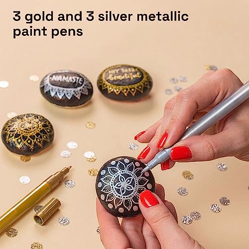 Metallic Acrylic Paint Pens for Rock Painting, Stone, Ceramic, Glass, Wood, Fabric, Canvas, Metal, Scrapbooking (6 Pack) Set of 3 Gold & 3 Silver ARTISTRO