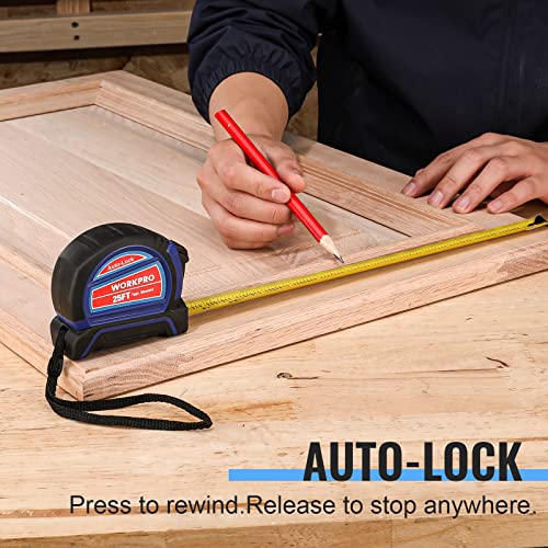 WORKPRO Auto-Lock Tape Measure 25 FT, Tape Measure with Fractions Every 1/8" and 1/32" Accuracy, Quick Read, Nylon Coated with Magnetic Hook, WORKPRO