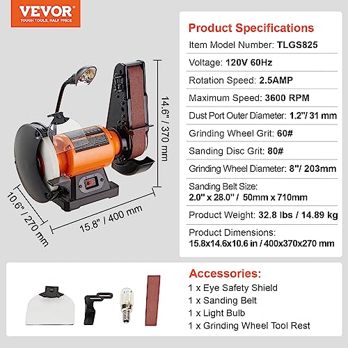 VEVOR 8 Inch Bench Grinder with 2 x28 Inch Belt Sander Combo, Bench Grinder Sander with 2.5A Induction Motor for Metalworking Sharpening Grinding VEVOR
