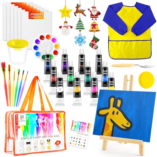 POPYOLA Acrylic Paint Set for Kids with Portable Gift Bag, Art Supplies Kids Painting Set with Non Toxic Paints, Smock, Easel, Ornaments, Paint POPYOLA