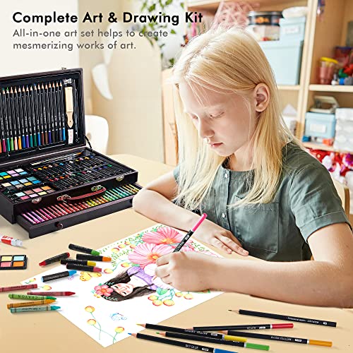 Shuttle Art 186 Piece Deluxe Art Set, Art Supplies in Wooden Case, Painting Drawing Art Kit with Acrylic Paint Pencils Oil Pastels Watercolor Cakes Shuttle Art