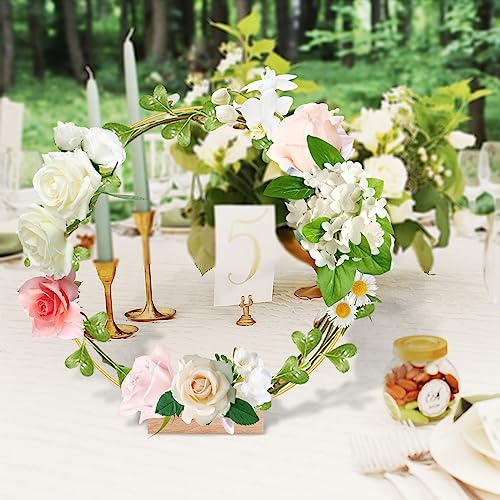 15Pcs 12 Inch Metal Floral Hoop Centerpiece with 15 PCS Wood Place Card Holders and Adjustable Foot Pads, Gold Wreath Macrame Hoop Rings Decorations trophable