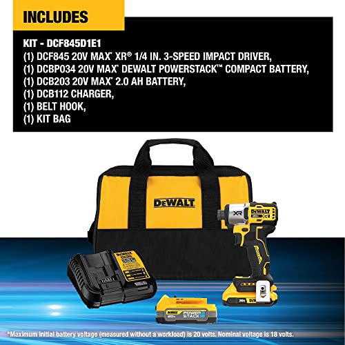 DEWALT 20V MAX Impact Driver, Cordless, 3-Speed, Battery and Charger Included (DCF845D1E1),Black DEWALT