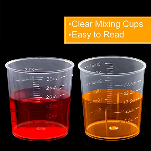 Coopay Plastic Graduated Cups Tools - 50 Pack 30ml/1oz Transparent Scale Measuring Cups, 50 Pack Wooden Stirring Sticks and 50 Pack 3ml Transfer Coopay