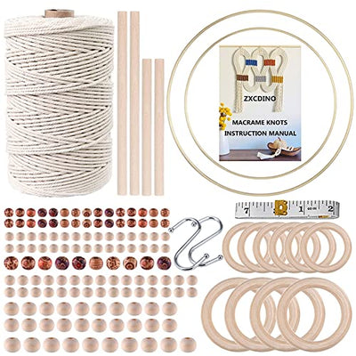 152pcs Macrame Kits for Beginners 3mm x 220yards Natural Cotton Macrame Cord with Wooden Beads,Wooden Rings,Wooden Sticks,Metal Rings Macrame