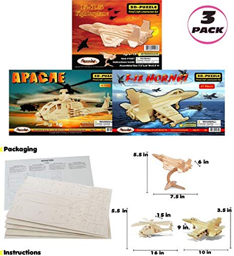Puzzled Bundle of Aircrafts: F-15, Apache, & F-18 Wooden 3D Puzzles Construction Kits - Fun & Educational DIY Combat Toys, Assemble Model Unfinished Puzzled