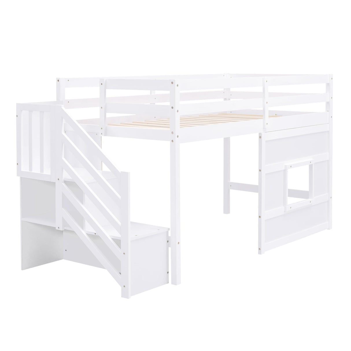 Harper & Bright Designs Twin Low Loft Bed with Storage Staircase and Window - White Wooden Frame for Kids Harper & Bright Designs