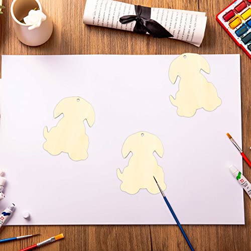 Creaides 20pcs Dog Wood DIY Crafts Cutouts Wooden Puppy Dog Shaped Hanging Ornaments with Hole Hemp Ropes for Dog Themed Birthday Party Decorations Creaides