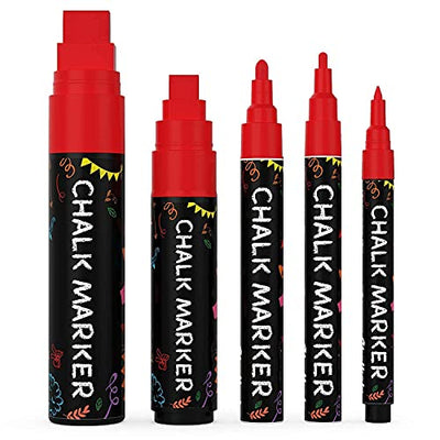 5 Red Chalkboard Chalk Markers - Red Dry Erase Markers for Blackboard, Chalkboard Signs, Windows, Glass | Variety Pack - Fine & Jumbo Size Ink Pen