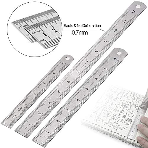 Elisel 3 PCS Stainless Steel Ruler Set with Inch and Metric Graduation, 12 Inch, 8 Inch and 6 Inch(Silvery) Elisel