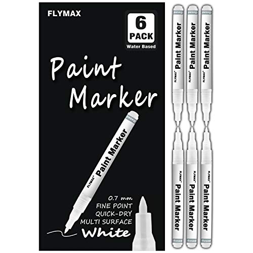 FLYMAX White Paint Pen, 6 Pack 0.7mm Acrylic White Permanent Marker White Paint Pens for Wood Rock Plastic Leather Glass Stone Metal Canvas Ceramic FLYMAX