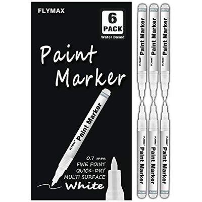 FLYMAX White Paint Pen, 6 Pack 0.7mm Acrylic White Permanent Marker White Paint Pens for Wood Rock Plastic Leather Glass Stone Metal Canvas Ceramic