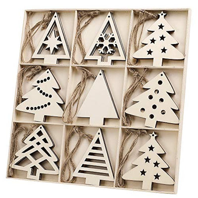N&T NIETING 27pcs Wooden Christmas Tree Shaped Ornaments, Unfinished Wooden Cutouts Embellishments Hanging Ornament for Christmas Decorations, Tree