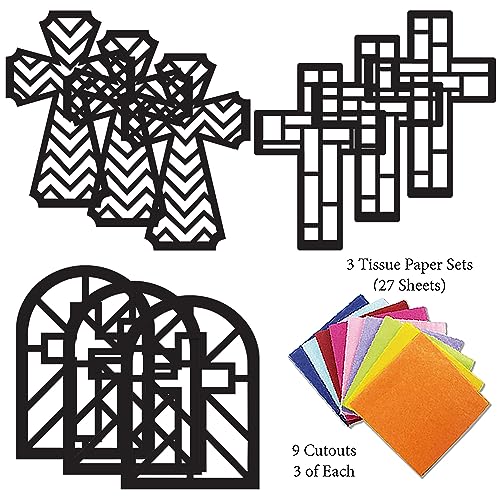 VHALE Suncatchers Craft 3 Sets (9 Cutouts) w Tissue Papers Stained Glass Effect Paper Sun Catcher Kit, Window Art, Classroom Crafts, Creative Art VHALE