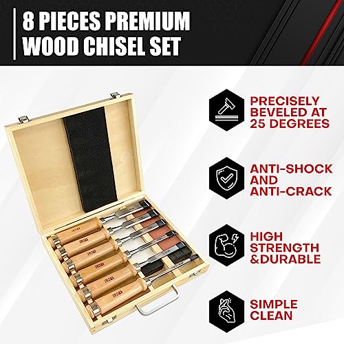 C&T 8 Pieces Premium Wood Chisel Set with Wooden Case,6 Pieces Wood Chisel with 2 Sharpening Stone,Woodworking Carving Chisel Kit,Chrome Vanadium C&T