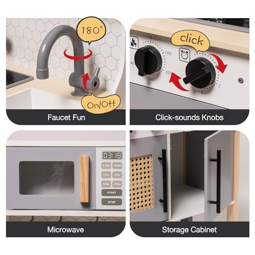 ROBOTIME Wooden Play Kitchen, Kids & Toddlers Kitchen Playset, Kids Play Kitchen Pretend Play Set with Lights & Sounds, Toy Kitchen for Ages 3+ ROBOTIME