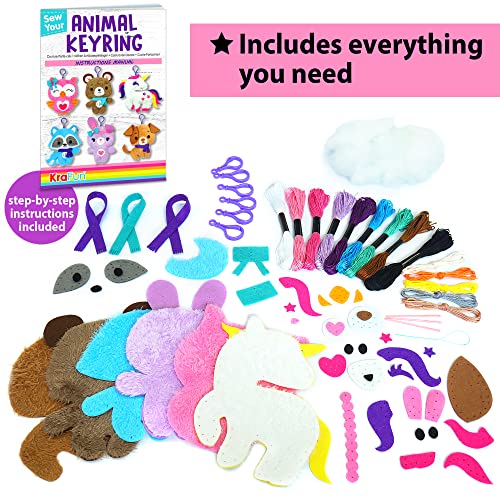 KRAFUN Unicorn Sewing Keyring Kit for Kids Age 7 8 9 10 11 12 Learn Art & Craft, Includes 6 Stuffed Animal Bear, Dog, Rabbit, Raccoon, Owl Dolls, KRAFUN