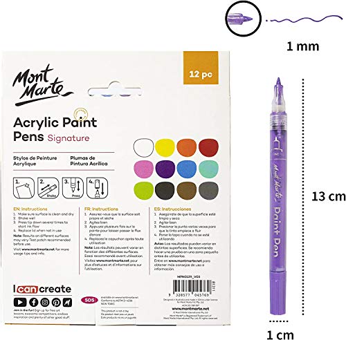 MONT MARTE Signature Acrylic Paint Pens, 12 Piece, Waterproof, Suitable for Most Surfaces Including Canvas, Card, Rocks, Fine Bullet Tip (1mm) MONT MARTE