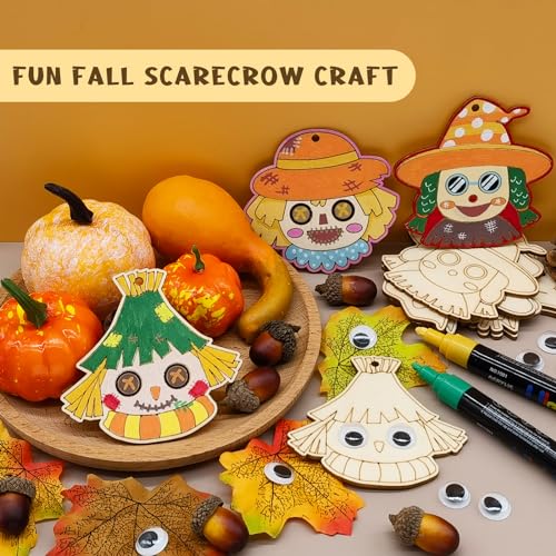 36 Sets Fall Scarecrow Craft Kits Unfinished Wooden Scarecrow Head Cutouts DIY Autumn Thanksgiving Ornaments Make Your Own Scarecrow Hanging Slices WoodArtSupply