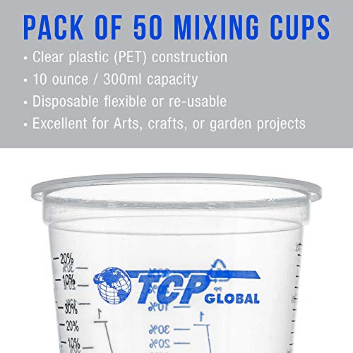 TCP Global 10 Ounce (300ml) Disposable Flexible Clear Graduated Plastic Mixing Cups - Box of 50 Cups & 50 Mixing Sticks - Use for Paint, Resin, TCP Global