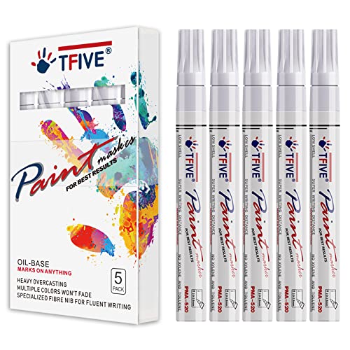 TFIVE White Paint Marker Paint Pens - 5 Pack Oil Based Permanent Marker Pen, Medium Tip, Waterproof & Quick Dry, for Office, Art projects, Rock TFIVE