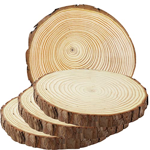 FSWCCK 4 Pack Unfinished Large Wood Slices, 7-8 Inches Round Wooden Circle with Tree Bark, Rustic Wood Slices for DIY Painting Crafts, Weddings FSWCCK