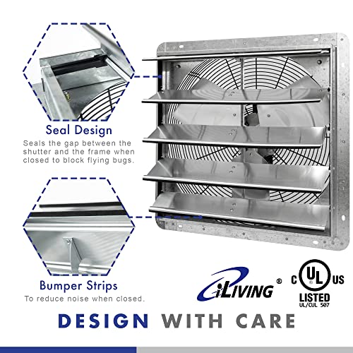 iLIVING 18" Wall Mounted Shutter Exhaust Fan, Automatic Shutter, with Thermostat and Variable Speed controller, 0.85A, 1736 CFM, 2600 SQF Coverage iLiving