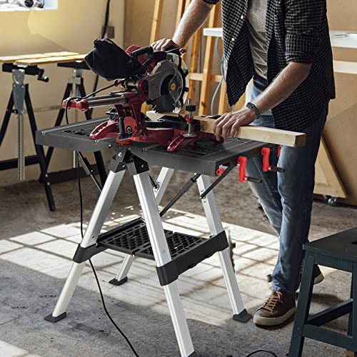 Goplus Portable Workbench, Folding Work Table & Sawhorse with Adjustable Height, 440LBS/1000LBS Capacity, Clamps, 2 x 4 Support Arms, Tool Tray, Goplus