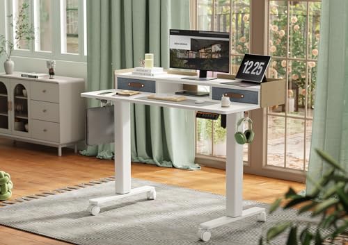 YDN Standing Desk with Drawers, 48 Inch Standing Desk Adjustable Height, Adjustable Electric Stand Up Sit Stand Small Desk with Storage and Shelf, YDN
